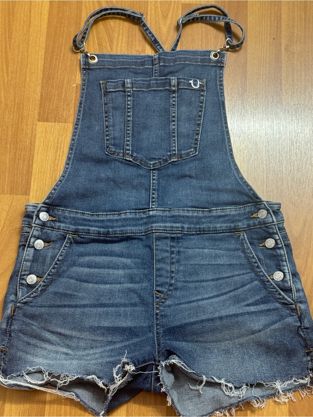 True Religion Dark Blue Distressed Denim Short Overalls